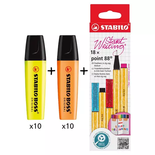 Boss Original Highlighter Yellow (Pack 10)+Pink (Pack 10) + Point 88 Fineliner Zigzag Card Assorted Colours (Pack 18) - 70/24/10+70/56+8818/5