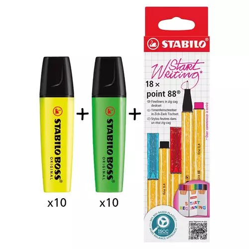 BOSS ORIGINAL Highlighter Yellow (Pack 10)+Green (Pack 10) + POINT 88 Fineliner Zigzag Card Assorted Colours (Pack 18) - 70/24/10+70/33+8818/5