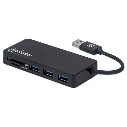 Manhattan USB-A 3-Port Hub with Card Reader 3x USB-A ports 5 Gbps (USB 3.2 Gen1 aka USB 3.0) SD MicroSD MMC and Memory Stick; Bus Power SuperSpeed USB Black Three Year Warranty