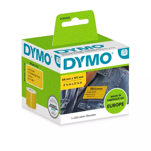 DYMO Authentic LabelWriter Large Shipping Labels/Name Badges | Black Print on Yellow Label | 54 mm x 101 mm | 220 Easy-PeelSelf-Adhesive Labels | for LabelWriter Label Makers | Made in Europe