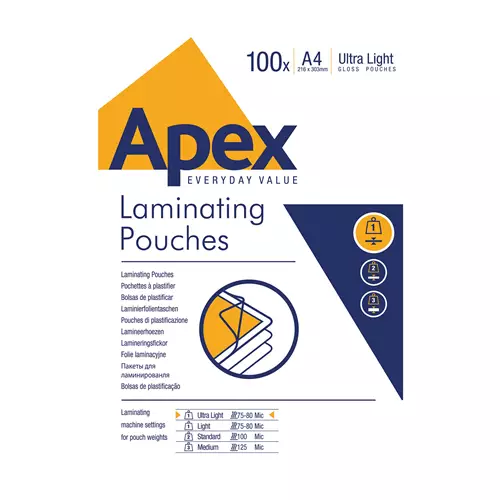 Fellowes Apex A4 Laminating Pouches, Glossy Finish, 100 Sheets - Super-Flex - Ideal for Notices and Photos-image