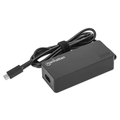Manhattan Mains USB-C Laptop Charger 65W AC (UK) to Type-C Power Adapter Universal Voltage Compatible with Most Notebooks Ideal as Second or Replacement Power Supply Includes Detachable UK AC Power Cable and Built-in USB-C PD Cable Black