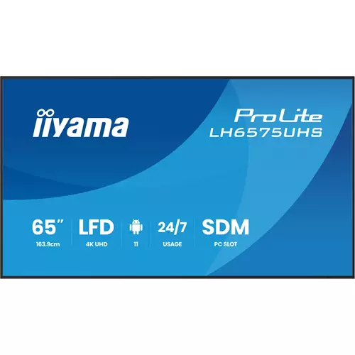 iiyama LH6575UHS-B2AG Signage Display Digital signage flat panel 163.8 cm (64.5") LCD Wi-Fi 500 cd/m 4K Ultra HD Black Built-in processor Android 11 24/7