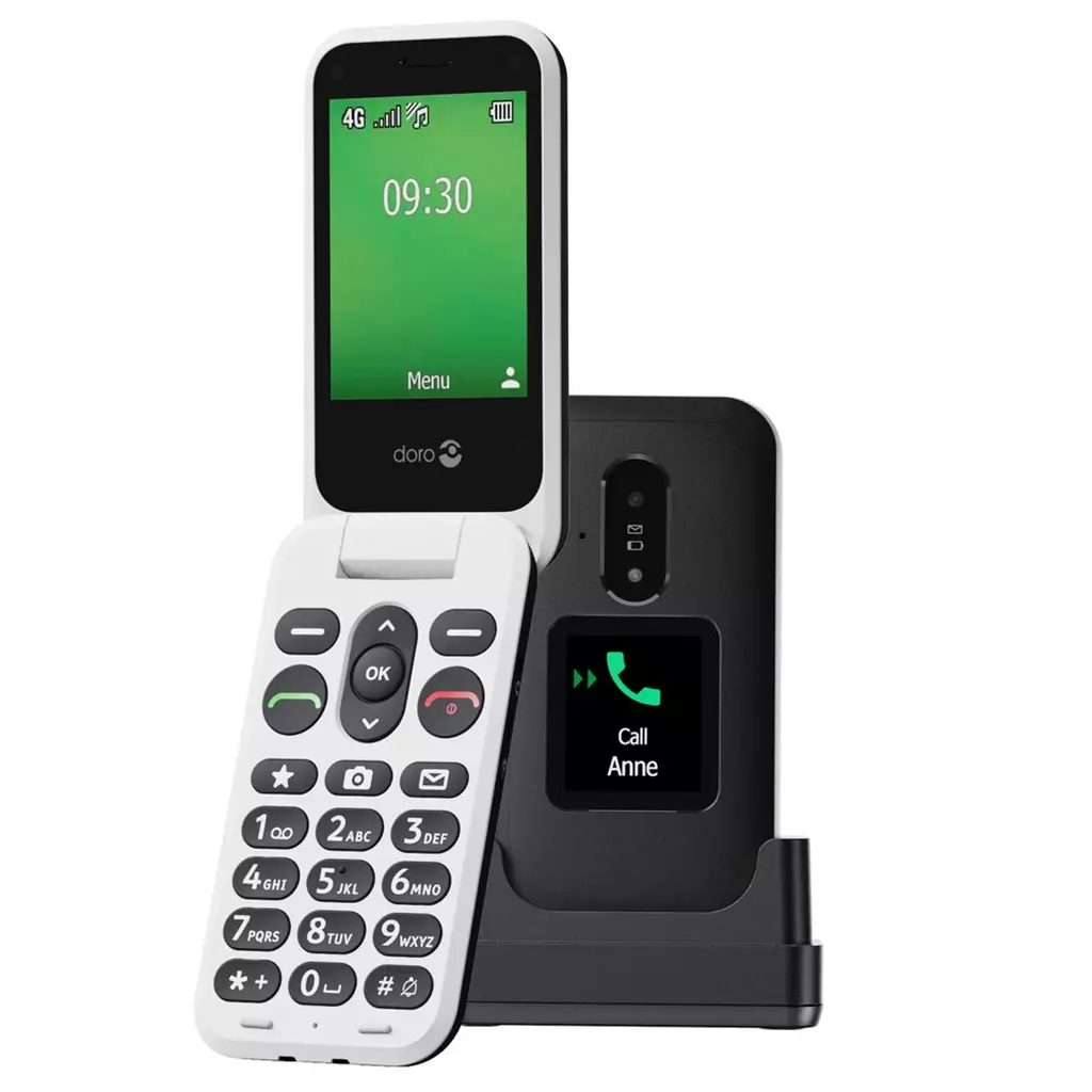 Doro Phone - Doro Leva E30 - 4G Flip Phone For Elderly - Large 2.8" Screen, External Display, High Contrast Keys, Loud & Clear Sound, Camera - Doro Secure Button - Charging Cradle - Black/White-image