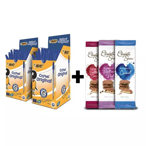 Bic Cristal Ballpoint Pen 1.0mm Tip 0.32mm Line Blue (Pack 50) x 2 Plus 3 FREE Packs of Elizabeth Shaw Biscuits 9 Biscuits Per Pack (Pack 140g)