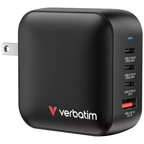 Verbatim Mini GaN Charger 100W 4 Port US plug with EU and UK adaptors