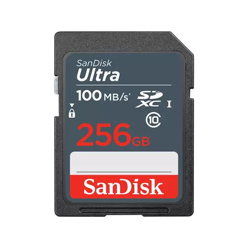 SanDisk Ultra. Capacity: 256 GB Flash card type: SDXC Flash memory class: Class 10 Internal memory type: UHS-I Read speed: 100 MB/s. Protection features: Shock resistant Temperature proof Waterproof X-ray proof Product colour: Black
