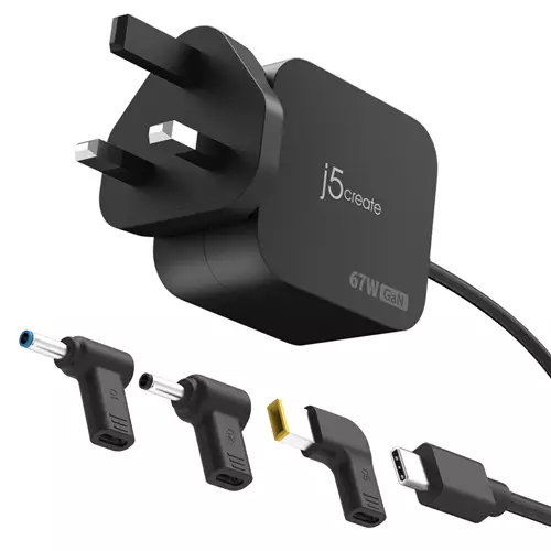 j5create JUP1565DCF3A-FN 67W GaN PD USB-C Mini Charger with 3 Types of DC Connector - UK