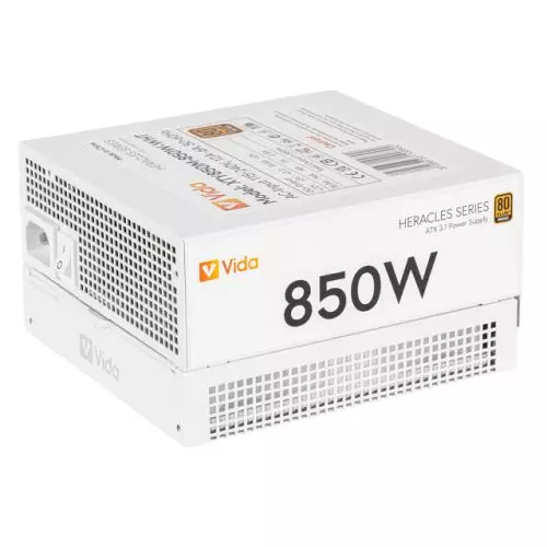 VIDA 850W Heracles White ATX 3.1 Gaming PSU 80+ Bronze 140mm Ultra-Quiet FDM Fan Flat White Cables PCIe 5.1 Power Lead Not Included power supply unit 24-pin ATX
