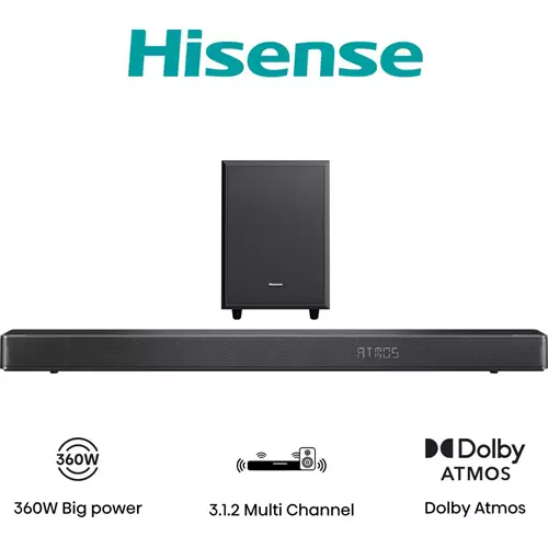 Hisense - AX3120G R 3.1.2 channels 360 W DTS Virtual:X DTS:X Dolby Atmos Dolby Digital Dolby Digital Plus Bass Movie Music TV 240 W Active subwoofer