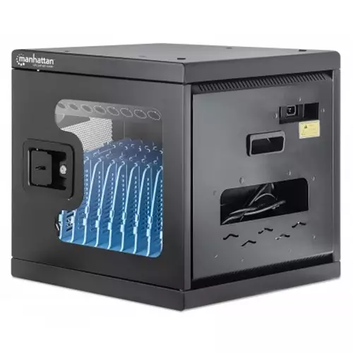 Manhattan Laptop Charging Cabinet Desktop via AC Adapter (UK) 10-bay Install device's AC Adapter (power cables) into unit Suitable for ALL laptops (to 15.6") iPads MacBooks Chromebooks other USB-C devices Bays 380x30x280mm Cart Lockable