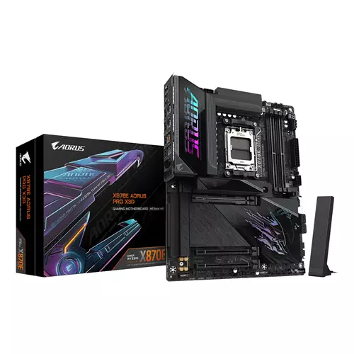 GIGABYTE X870E AORUS PRO X3D Motherboard - Supports AMD Ryzen 9000 CPUs 18+2+2 Phases Digital VRM up to 9000Hz DDR5 (OC) 2xPCIe 5.0 + 2xPCIe 4.0 Wi-Fi 7 5GbE LAN USB 4 AMD Socket AM5 AMD Ryzen 7000 Series AMD Ryzen 8000 Series AMD Ryzen 90