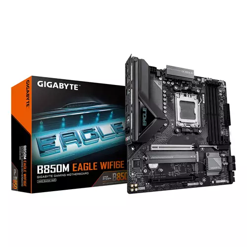 GIGABYTE B850M EAGLE WIFI6E Motherboard - AMD Ryzen 9000 Series CPUs 8+2+2 Phases Digital VRM up to 8200MHz DDR5 (OC) 1xPCIe 5.0 + 1xPCIe 4.0 M.2 WIFI 6E 2.5 GbE LAN USB 3.2 Gen 2 AMD Socket AM5 AMD Ryzen 7000 Series AMD Ryzen 8000 Series