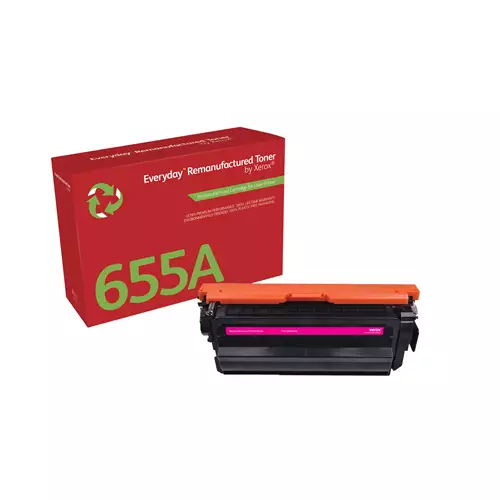 Everyday Magenta Remanufactured Toner by compatible with HP 655A (CF453A) Standard capacity. Black toner page yield: 10500 pages Colour toner page yield: 10500 pages Printing colours: Magenta Quantity per pack: 1 pc(s)