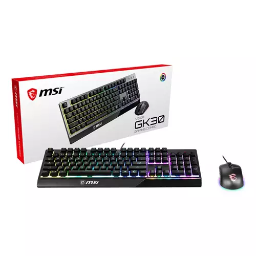 MSI VIGOR GK30 COMBO RGB MEMchanical Gaming Keyboard + Clutch GM11 Gaming Mouse ' UK Layout 6-Zone RGB Lighting Keyboard Dual-Zone RGB Lighting Mouse 5000 DPI Optical Sensor RGB Mystic Light' Wired USB Mechanical QWERTY RGB LED Black