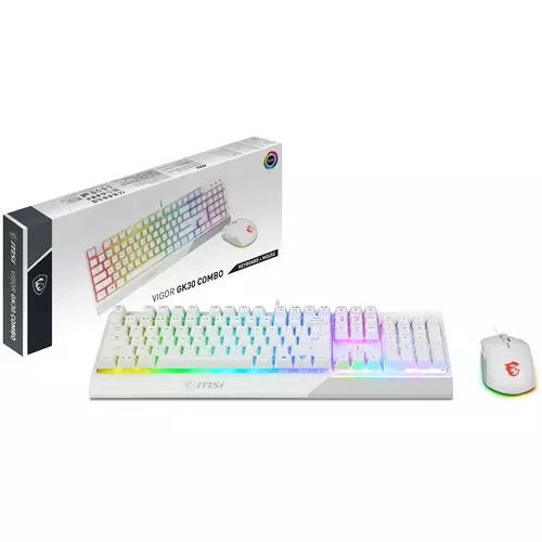 MSI VIGOR GK30 COMBO WHITE UK RGB MEMchanical Gaming Keyboard + Clutch GM11 WHITE Gaming Mouse ' UK Layout 6-Zone RGB Lighting Keyboard Dual-Zone RGB Lighting Mouse 5000 DPI Optical Sensor Center' Wired USB Membrane QWERTY RGB LED White